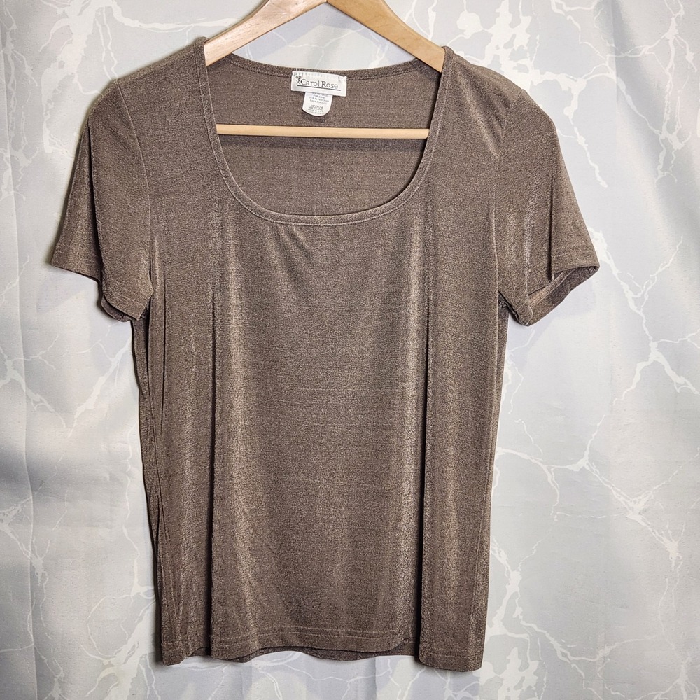 Carol Rose Pullover Short Sleeve‎ Top Women's M Brown Scoop Neck Shimmer Classic